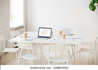 Meeting Table With Laptop And Coffee In Empty White Office Room Interior With Nobody, Shared Work Desk In Coworking Workplace After Corporate Briefing With No People And Statistics On Computer Screen