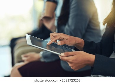 Meeting, tablet and hands of business woman in office for writing digital notes, website or planning. Presentation, conference and worker for report, online review or research in seminar audience - Powered by Shutterstock