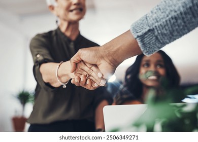 Meeting, welcome and business people shaking hands in workshop in onboarding deal, b2b opportunity or introduction. Office, agreement and handshake for team with collaboration in creative partnership