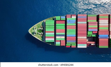 Mega Container Ship At Sea - Top Down Aerial View