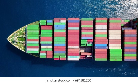 Mega Container Ship At Sea - Top Down Aerial View