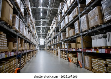 MEGA Moscow, Moscow - January 16, 2020: Warehouse Aisle In An IKEA Store. Founded In 1943, IKEA Is The World's Largest Furniture Retailer. IKEA Operates 351 Stores In 43 Countries.