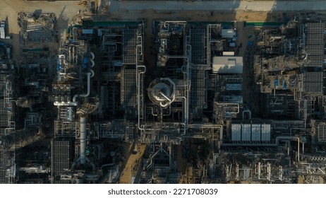 Mega project area, industrail plant construction large crude oil refinery, photograph aerial view 