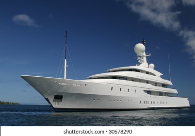 Mega Yacht At Anchor In Pacific Ocean