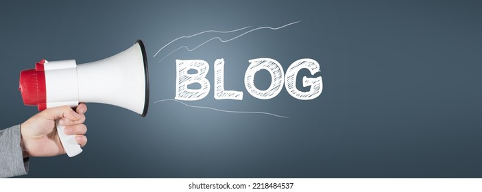 Megafon and Blog. Grey background - Shutterstock ID 2218484537