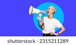 Megaphone, announcement and woman voice isolated on blue background, banner and speaking, news or broadcast. Speech, opinion and gen z person in studio, mockup and call to action, protest or change