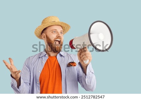 Megaphone crying, man speaking in loudspeaker to shout or scream expressing feeling, emotion. Male talking about travelling, sales or public awareness promotion, information, ideas, commercializing