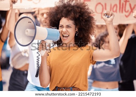 Megaphone, equality or women rights protest for global change, gender equality or angry black woman fight for support. Crowd poster banner, city speech or human rights rally by social justice warrior