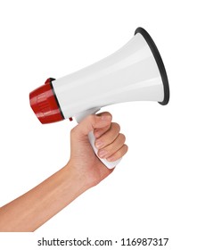 Megaphone In Hand, Isolated On White Background