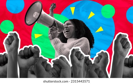 Megaphone, protest and woman voice isolated on red background for human rights, strong opinion or broadcast. Speech, fist and gen z people for power, call to action or change on digital scrapbook art - Powered by Shutterstock