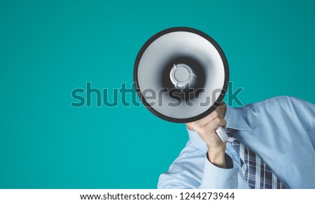 Megaphone using voice advertisement bullhorn public speaker talking men