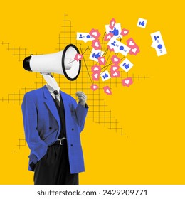 Megaphone-headed figure with social media icons and likes. Contemporary art collage. Social media marketing and influence campaigns. Concept of digital marketing, online services, business - Powered by Shutterstock