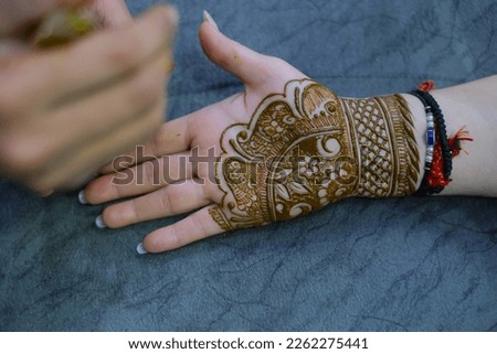 Mehendi ceremony or Henna designs on woman hands, Delhi India 