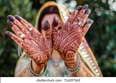 Mehndi hands of a beautiful Indian woman with selective focus and blur background.