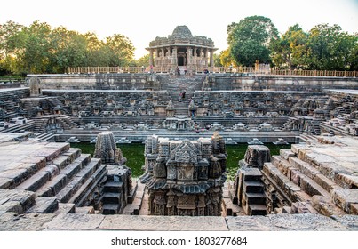 MEHSANA, GUAJRAT, INDIA / JAN 30, 2020 : SURYA KUND outisde the Sun Temple. It is a Hindu temple dedicated to the solar deity Surya located at Modhera village of Mehsana district, Gujarat, India.