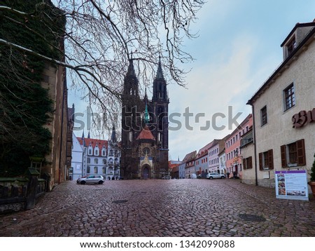 Meissen rainy cityscape with a tree in the foreground      