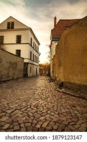 Meissen,Saxony, Germany.  17.02. 2019, pedestrian old German street at sunset. cobblestone pavement