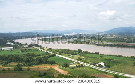 Mekong River and Golden Triangle view in Chiang Saen District, Chiang Rai Province, Thailand, taken from the Skywalk.