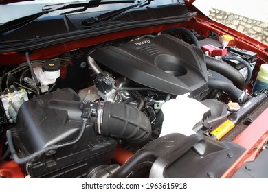 MELAKA, MALAYSIA - APRIL 9, 2021: The engine of Isuzu D-Max 4x4 car. Photo concept interior details of model car 