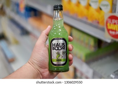 Melaka, Malaysia - Circa February, 2019: Man Holding The HAUS BOOM Sparkling Real Fruit Juice. Local Brand Which Recently Became Famous Over Conflict In Free Advertising By The Youth Minister Malaysia