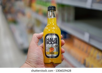 Melaka, Malaysia - Circa February, 2019: Man Holding The HAUS BOOM Sparkling Real Fruit Juice. Local Brand Which Recently Became Famous Over Conflict In Free Advertising By The Youth Minister Malaysia