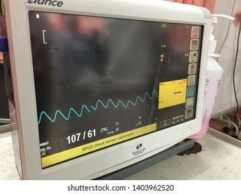 Melaka/Malaysia - May 22,2019 : Vital Sign Machine For Monitoring Parameter Such As Blood Pressure, Oxygen Saturation In Blood (SpO2), Pulse And Respiration Rate