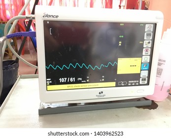 Melaka/Malaysia - May 22,2019 : Vital Sign Machine For Monitoring Parameter Such As Blood Pressure, Oxygen Saturation In Blood (SpO2), Pulse And Respiration Rate