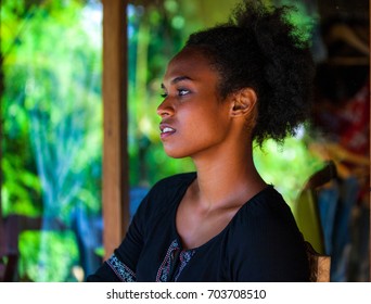 Melanesian Pacific Islander, Beautiful Girl With Afro Half Profile