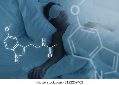 Melatonin Skeletal Formula And Sleeping Woman During The Night