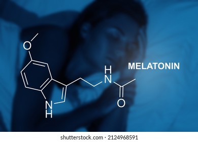 Melatonin Skeletal Formula And Sleeping Woman During The Night