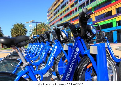 MELBOURNE - August 10: Bicycle For Hire In Melbourne, August 10,2013 In Melbourne, Australia. The Bicycle Hire Scheme Is Designed For Short Trips Across The City And To Ease Traffic Congestion. 