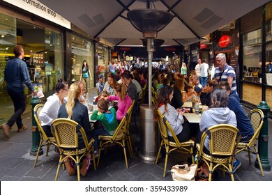 MELBOURNE, AUS - APR 10 2014:Australian people dining in Degraves Street, one of Melbourne's finest Laneway environments. Full of bars,restaurants, cafe and boutique shopping.