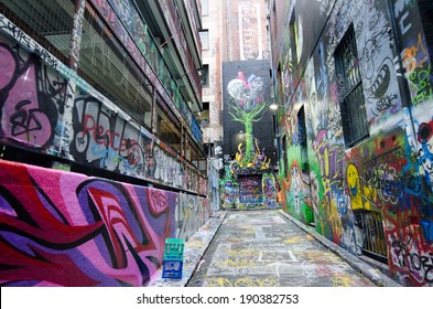 MELBOURNE, AUS - APR 10 2014:Graffiti artwork in Hosier Lane.Hosier lane is a much celebrated landmark in Melbourne mainly due to its sophisticated graffiti urban art.