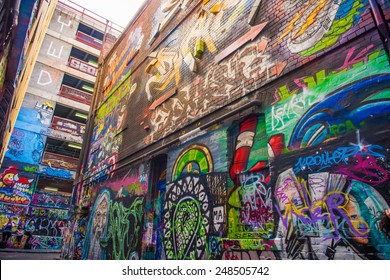 MELBOURNE, AUS - December 30 2014:Graffiti artwork in Hosier Lane.Hosier lane is a much celebrated landmark in Melbourne mainly due to its sophisticated graffiti urban art.