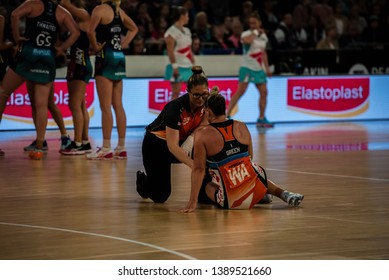 MELBOURNE, AUSTRALIA -05 MAY, 2019: Suncorp Super Netball, Melbourne 2019 Melbourne Vixens VS Giants Netball. Giant's Player Down.