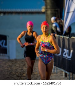 MELBOURNE, AUSTRALIA -12JANUARY, 2020: 2XU Triathlon Series, St Kilda, Melbourne 2020, Race 3, Fun-Tri Race, Finish Line Of Swim Race.