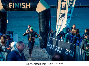 MELBOURNE, AUSTRALIA -12JANUARY, 2020: 2XU Triathlon Series, St Kilda, Melbourne 2020, Race 3, Fun-Tri Race, Finish Line Of Swim Race.