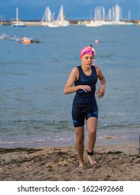 MELBOURNE, AUSTRALIA -12JANUARY, 2020: 2XU Triathlon Series, St Kilda, Melbourne 2020, Race 3, Fun-Tri Race, Finish Line Of Swim Race.