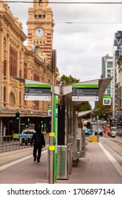 Melbourne, Australia, 17 April, 2020. A Tramstop Outside Of Flinders Street Station Remains Largely Empty During The Coronavirus Crisis In Melbourne, Australia. 