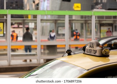 Melbourne, Australia, 17 April, 2020. A Taxi Waits Outside An Empty Tramstop Next To Flinders Street Station During The Coronavirus Crisis In Melbourne, Australia. 