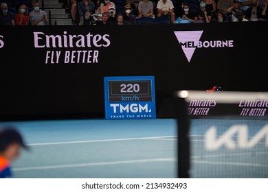 MELBOURNE, AUSTRALIA - 17 JANUARY, 2022: Australian Open Tennis Grand Slam. Day 1, Alexander Zverev (GER) Won Against Daniel Altmaier (GER). 7:6, 6:1, 7:6. Serve Speed Display With 220 Kmh Reading.