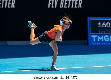 MELBOURNE, AUSTRALIA - 19 JANUARY, 2022: Australian Open Tennis Grand Slam. Day 3, Kaia Kanepi (EST) won against Maddison Inglis (AUS). 2:6, 6:2, 6:0. Inglis leaps forward.