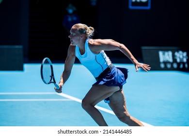 MELBOURNE, AUSTRALIA - 19 JANUARY, 2022: Australian Open Tennis Grand Slam. Day 3, Kaia Kanepi (EST) won against Maddison Inglis (AUS). 2:6, 6:2, 6:0. Kanepi runs towards the net.