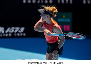 MELBOURNE, AUSTRALIA - 19 JANUARY, 2022: Australian Open Tennis Grand Slam. Day 3, Kaia Kanepi (EST) won against Maddison Inglis (AUS). 2:6, 6:2, 6:0. Inglis with a racquet close up.
