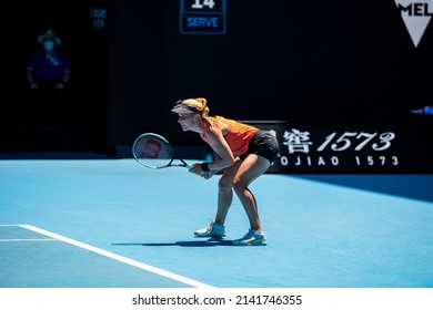 MELBOURNE, AUSTRALIA - 19 JANUARY, 2022: Australian Open Tennis Grand Slam. Day 3, Kaia Kanepi (EST) won against Maddison Inglis (AUS). 2:6, 6:2, 6:0. Inglis prepared for opponent's serve.