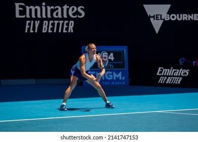 MELBOURNE, AUSTRALIA - 19 JANUARY, 2022: Australian Open Tennis Grand Slam. Day 3, Kaia Kanepi (EST) won against Maddison Inglis (AUS). 2:6, 6:2, 6:0. Kanepi waiting for Inglis to serve.