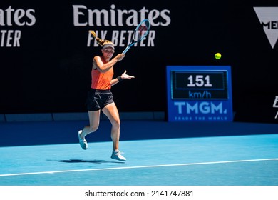 MELBOURNE, AUSTRALIA - 19 JANUARY, 2022: Australian Open Tennis Grand Slam. Day 3, Kaia Kanepi (EST) won against Maddison Inglis (AUS). 2:6, 6:2, 6:0. Inglis with a forehand return.