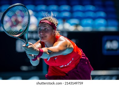 MELBOURNE, AUSTRALIA - 19 JANUARY, 2022: Australian Open Tennis Grand Slam. Day 3, Aryna Sabalenka (BLR) won against Marketa Vondrousova (CZE). 4:6, 6:3, 6:1. Sabalenka stretching out, close up.