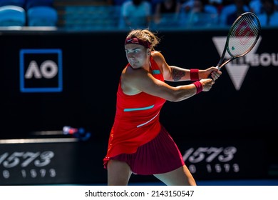 MELBOURNE, AUSTRALIA - 19 JANUARY, 2022: Australian Open Tennis Grand Slam. Day 3, Aryna Sabalenka (BLR) won against Marketa Vondrousova (CZE). 4:6, 6:3, 6:1. Sabalenka swings with a backhand. 