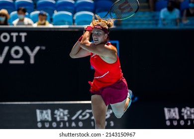 MELBOURNE, AUSTRALIA - 19 JANUARY, 2022: Australian Open Tennis Grand Slam. Day 3, Aryna Sabalenka (BLR) won against Marketa Vondrousova (CZE). 4:6, 6:3, 6:1. Sabalenka leaps into action.